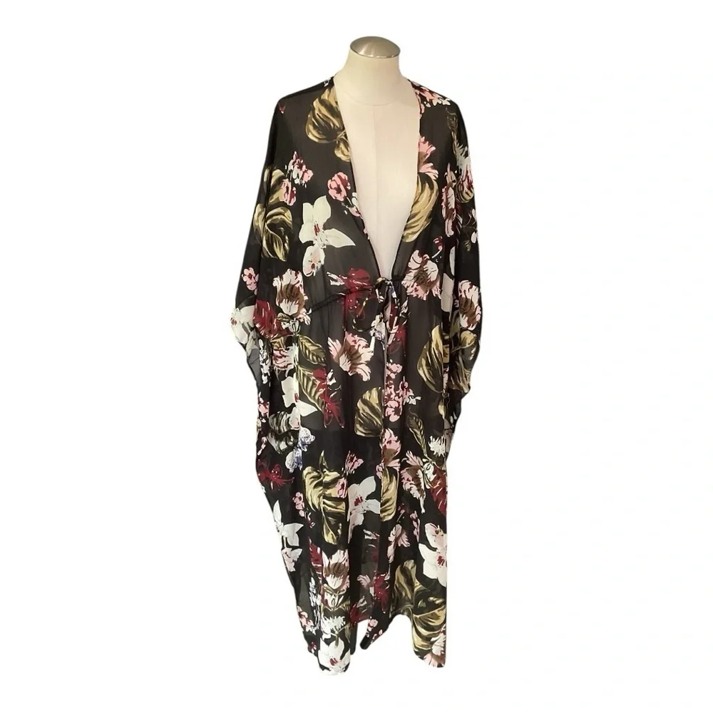 Boho Sheer Black Floral Tie Front Beach Vacation Layer